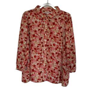 Nanette Lepore Women Blouse XL Floral Bracelet-Sleeve Button-Front Fade Out Pink